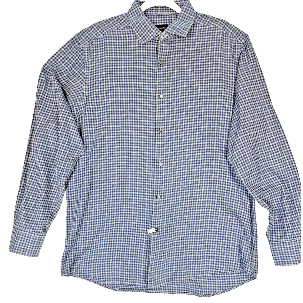 Ermenegildo Zegna Shirt Mens L Blue Check Cotton Button Down Plaid Cabin Western